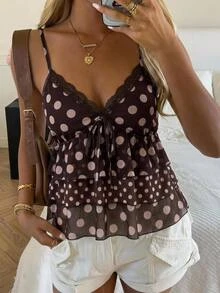 CovetEZ Women's Polka Dot Print Front Tie Cake Hem Camisole - Brown - View 5