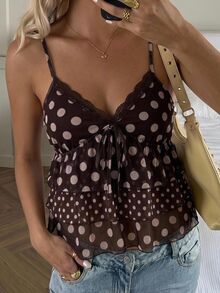 CovetEZ Women's Polka Dot Print Front Tie Cake Hem Camisole - Brown - View 4