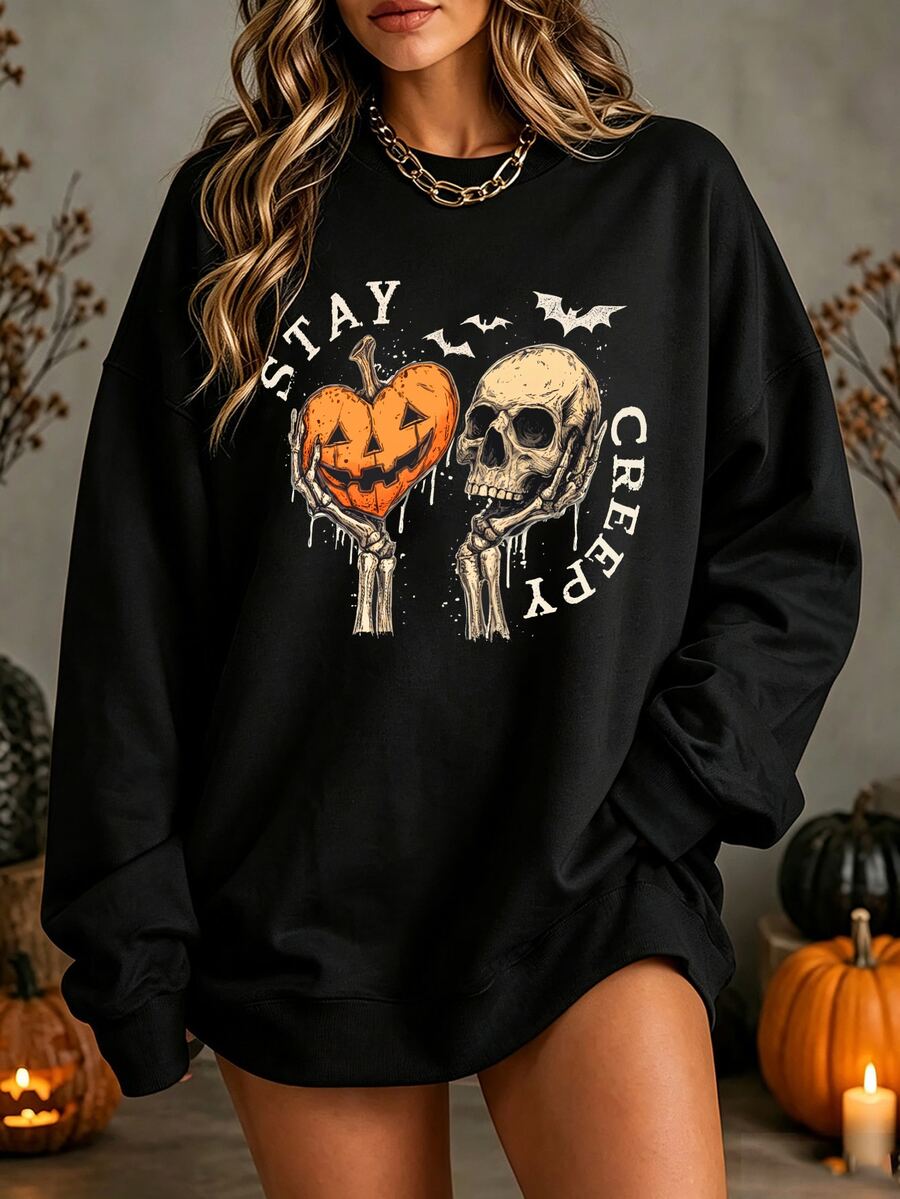 EMERY ROSE Women Spooky Halloween Long Sleeve Sweatshirt Dress, Gothic Skull Pumpkin Graphic Plus Size Crew Neck Pullover Winter - Black - View 1