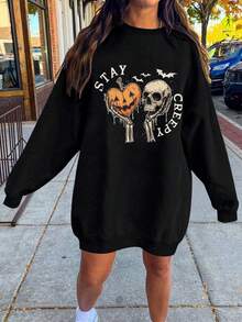 EMERY ROSE Women Spooky Halloween Long Sleeve Sweatshirt Dress, Gothic Skull Pumpkin Graphic Plus Size Crew Neck Pullover Winter - Black - View 9