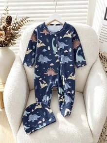 Newborn Baby Cartoon Dinosaur Print Long Sleeve Fall Autumn/Winter Jumpsuit Snug Fit Pajama With Matching Sleep Hat Crew Neck Knit Pants 2pcs Set - Blue - View 10