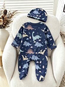 Newborn Baby Cartoon Dinosaur Print Long Sleeve Fall Autumn/Winter Jumpsuit Snug Fit Pajama With Matching Sleep Hat Crew Neck Knit Pants 2pcs Set - Blue - View 3