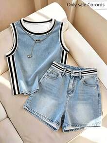 Franclia Women's Fashion Round Neck Tank Top And Button Pocket Shorts Light Blue And Stripe Effect Print Set Vacation Travel Summer Casual Tropical - Blue - View 4