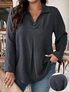 Linhara CURVE Plus Size Lapel V-Neck Long Sleeve Ruched Fashion Slimming Streetwear Home & Outdoor Blouse Fall - Dark Grey - View 3