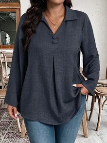 Linhara CURVE Plus Size Lapel V-Neck Long Sleeve Ruched Fashion Slimming Streetwear Home & Outdoor Blouse Fall - Dark Grey - View 5
