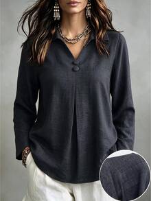 Linhara CURVE Plus Size Lapel V-Neck Long Sleeve Ruched Fashion Slimming Streetwear Home & Outdoor Blouse Fall - Dark Grey - View 1