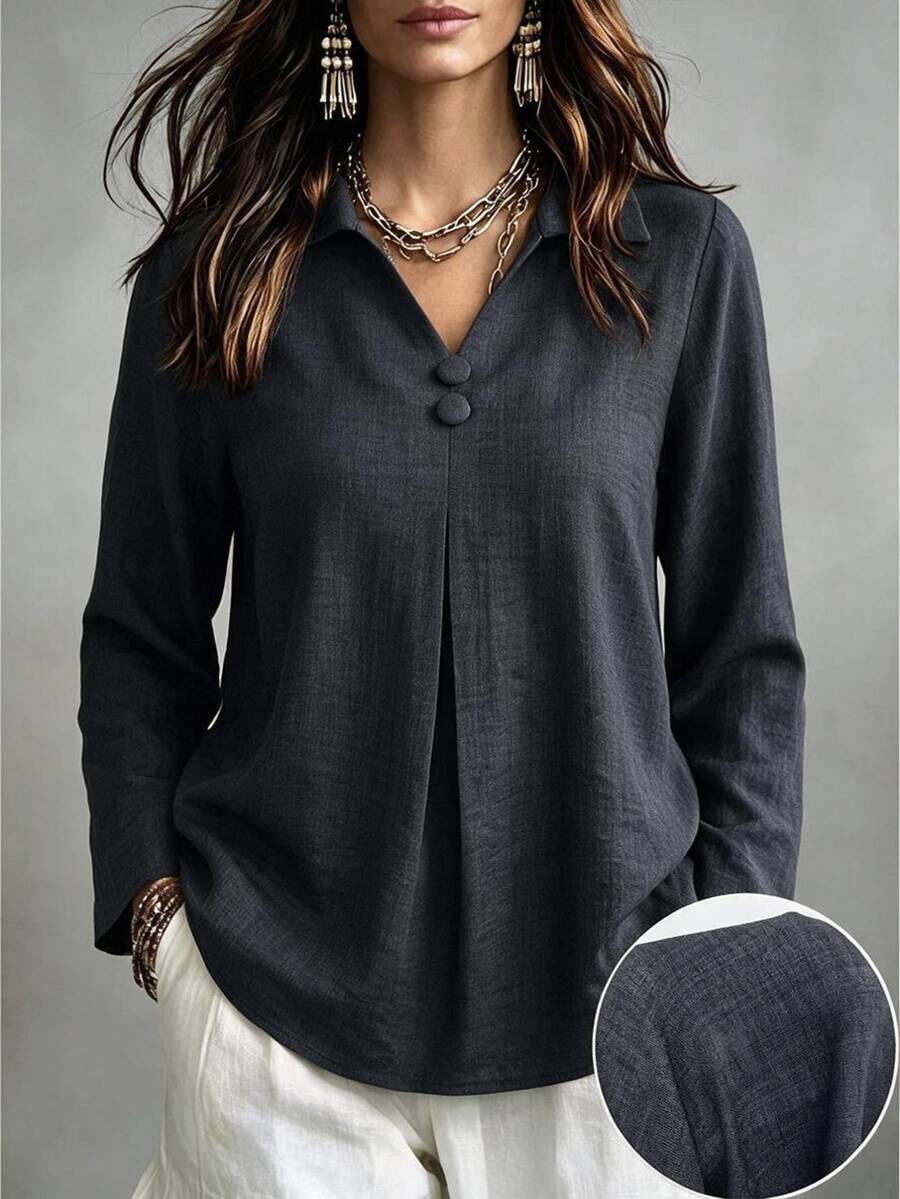 Linhara CURVE Plus Size Lapel V-Neck Long Sleeve Ruched Fashion Slimming Streetwear Home & Outdoor Blouse Fall - Dark Grey - View 1