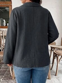 Linhara CURVE Plus Size Lapel V-Neck Long Sleeve Ruched Fashion Slimming Streetwear Home & Outdoor Blouse Fall - Dark Grey - View 2