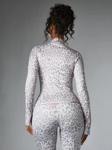 BABYPHAT Leopard Print Full-Zip Long Sleeve High Neck Top With Script Logo Detail - Light Grey - View 3