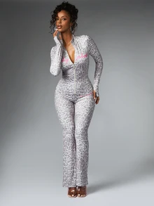BABYPHAT Leopard Print Full-Zip Long Sleeve High Neck Top With Script Logo Detail - Light Grey - View 7