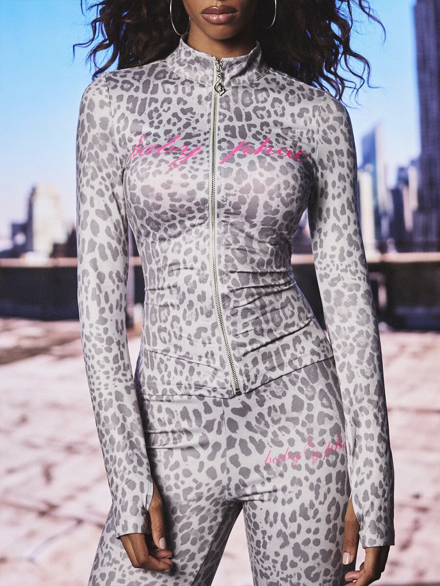 BABYPHAT Leopard Print Full-Zip Long Sleeve High Neck Top With Script Logo Detail - Light Grey - View 1