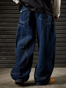 ROMWE MEN Casual 男士直筒牛仔褲，附口袋與鈕扣，休閒百搭，適合日常穿著 - 藍黑色 - 查看 4