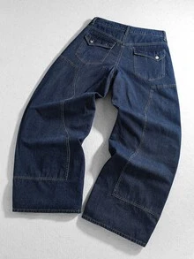 ROMWE MEN Casual 男士直筒牛仔褲，附口袋與鈕扣，休閒百搭，適合日常穿著 - 藍黑色 - 查看 9