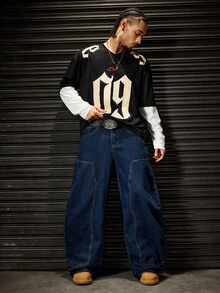 ROMWE MEN Casual 男士直筒牛仔褲，附口袋與鈕扣，休閒百搭，適合日常穿著 - 藍黑色 - 查看 5