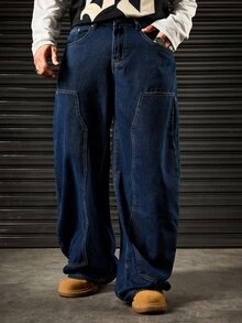ROMWE MEN Casual 男士直筒牛仔褲，附口袋與鈕扣，休閒百搭，適合日常穿著 - 藍黑色 - 查看 6
