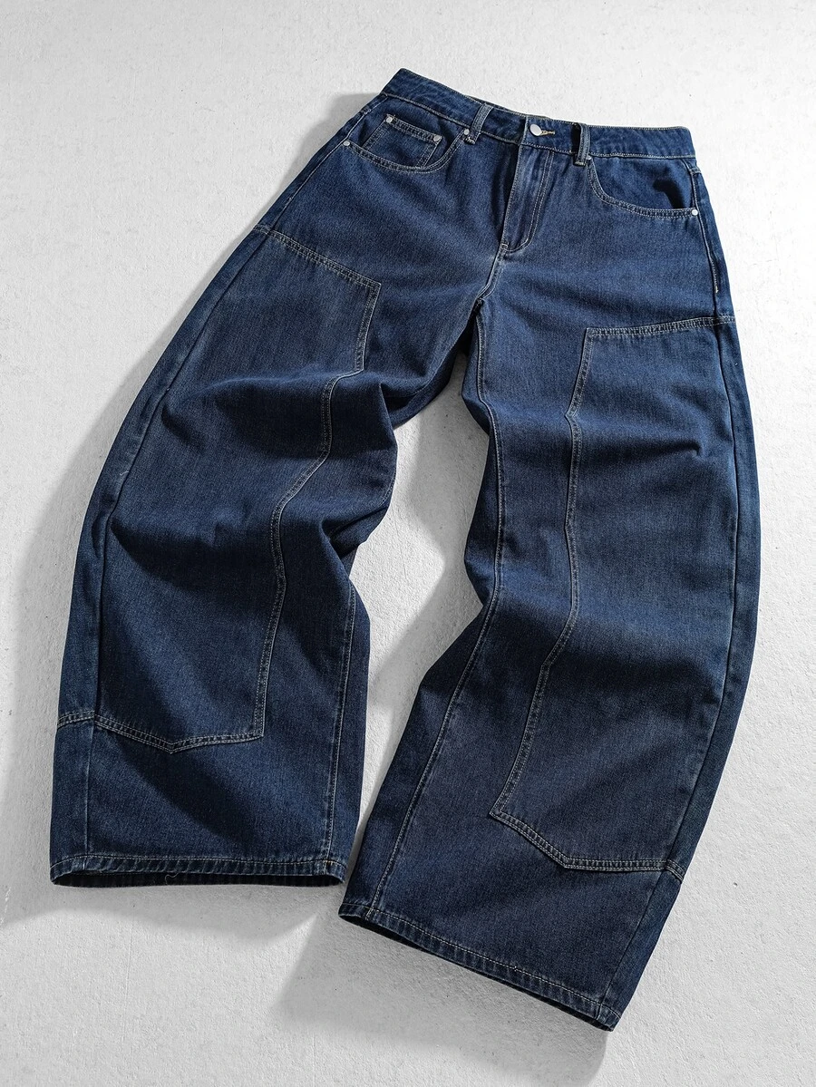 ROMWE MEN Casual 男士直筒牛仔褲,附口袋與鈕扣,休閒百搭,適合日常穿著 - 藍黑色 - 查看 1