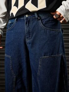 ROMWE MEN Casual 男士直筒牛仔褲，附口袋與鈕扣，休閒百搭，適合日常穿著 - 藍黑色 - 查看 2