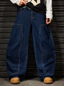 ROMWE MEN Casual 男士直筒牛仔褲，附口袋與鈕扣，休閒百搭，適合日常穿著 - 藍黑色 - 查看 8