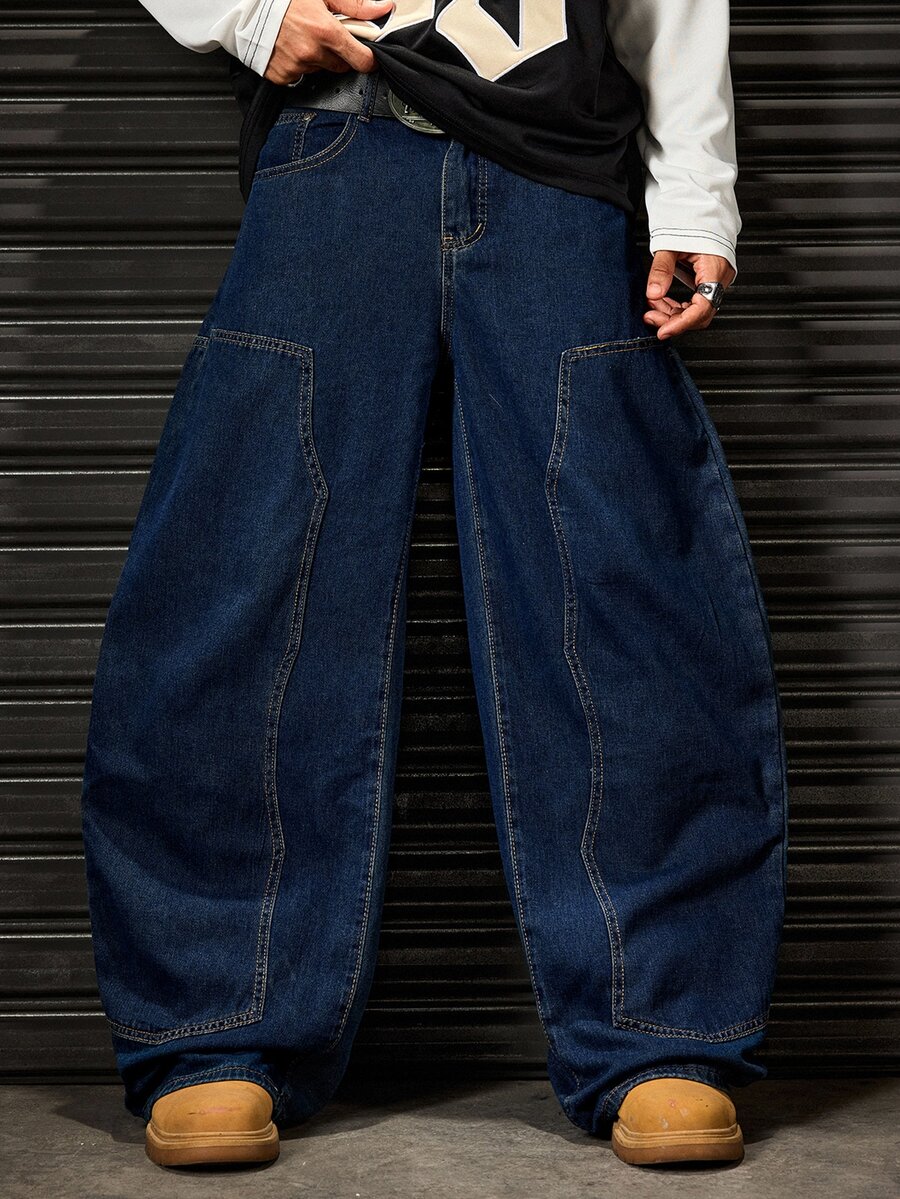 ROMWE MEN Men's Straight Leg Denim Jeans With Pockets And Buttons, Casual Versatile For Daily Wear - Blue Black - View 1