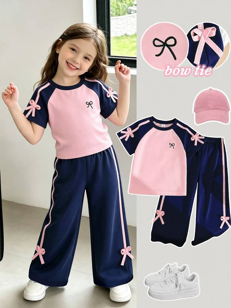 Genkimix Kids 女童春夏休閒時尚新款T恤套裝，柔軟親膚優質面料，寬腿長褲配粉色蝴蝶結裝飾，2件套春夏穿搭