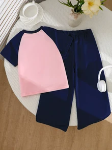 Genkimix Kids 女童春夏休閒時尚新款T恤套裝，柔軟親膚優質面料，寬腿長褲配粉色蝴蝶結裝飾，2件套春夏穿搭 - 彩色 - 查看 3