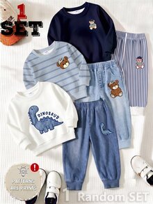 SHEIN Random 1 Set:Baby Boy Casual Sweatshirt & Pants Set Featuring Cute Cartoon Dinosaur & Striped Bear Prints Autumn Outfits. - Multicolor - View 2