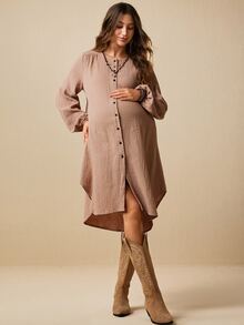 SHEIN Maternity Solid Color Pleated Casual Daily Summer Dress - Apricot - View 5