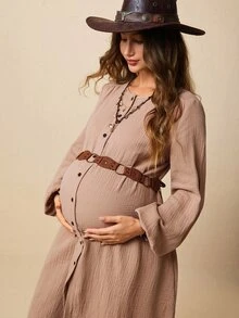 SHEIN Maternity Solid Color Pleated Casual Daily Summer Dress - Apricot - View 7