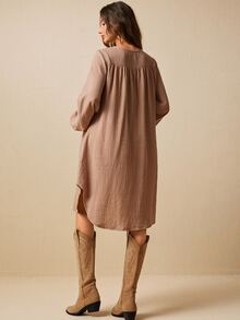 SHEIN Maternity Solid Color Pleated Casual Daily Summer Dress - Apricot - View 8