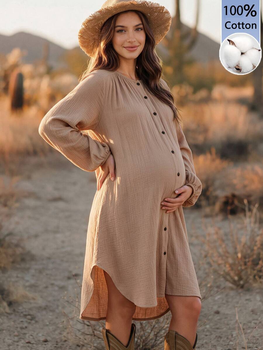 SHEIN Maternity Solid Color Pleated Casual Daily Summer Dress - Apricot - View 1