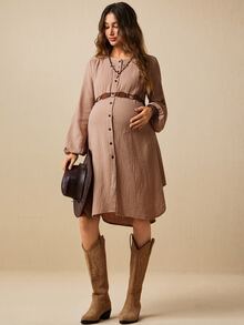 SHEIN Maternity Solid Color Pleated Casual Daily Summer Dress - Apricot - View 6