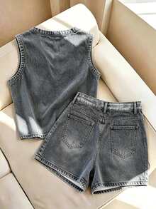 Franclia Women's Casual Round Neck Tank Top And Button Shorts Denim Effect Print 2-Piece Set - Dark Grey - View 2