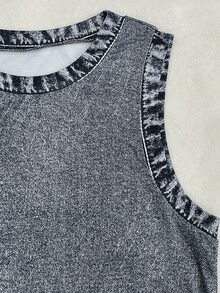 Franclia Women's Casual Round Neck Tank Top And Button Shorts Denim Effect Print 2-Piece Set - Dark Grey - View 6