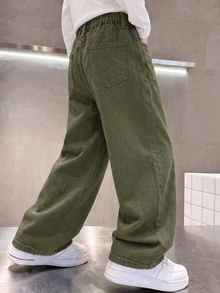 SHEIN 兒童青少年男孩咖啡棕色寬鬆舒適寬腿牛仔褲，萬聖節與黑色上學款 - 軍綠色 - 查看 2