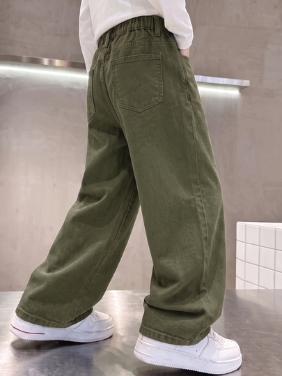 SHEIN Celana Jeans Longgar dan Nyaman Model Lebar Warna Cokelat Kopi untuk Anak Laki-Laki Remaja, Cocok untuk Halloween dan Sekolah (Warna Hitam)