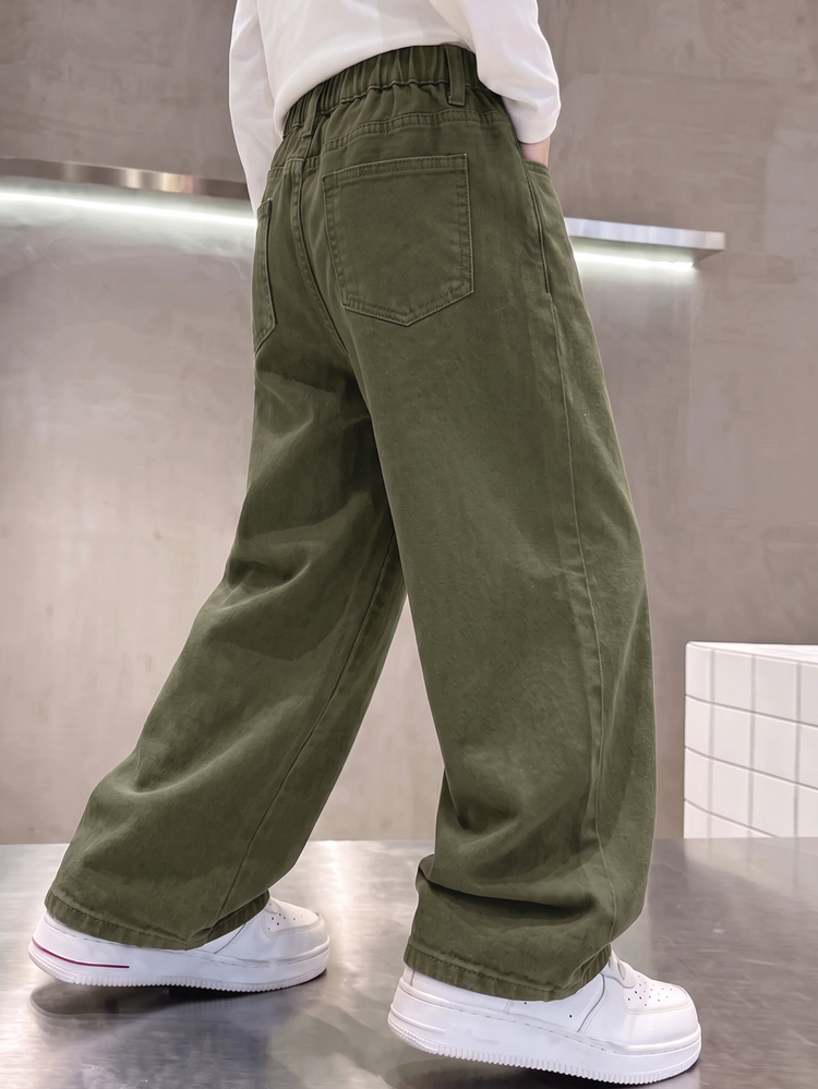 SHEIN Kids Tween Boy Coffee Brown Loose And Comfortable Wide-Leg Jeans Halloween And Black To School - Army Green - View 2