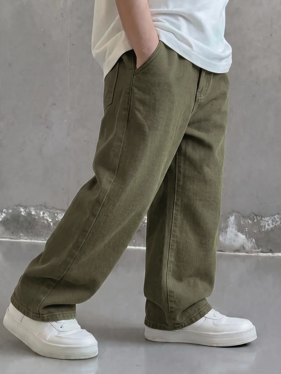 SHEIN 兒童青少年男孩咖啡棕色寬鬆舒適寬腿牛仔褲,萬聖節與黑色上學款 - 軍綠色 - 查看 1