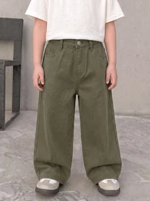 SHEIN 兒童青少年男孩咖啡棕色寬鬆舒適寬腿牛仔褲，萬聖節與黑色上學款 - 軍綠色 - 查看 5