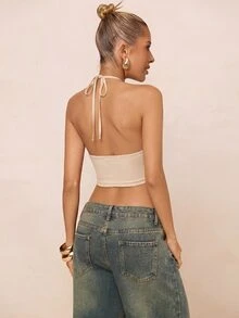 Lumalex Tank Top Wanita Warna Polos dengan Hiasan Bola, Leher Halter, Rumbai Tebal, dan Hem Asimetris Gaya Dudou - Dusty Pink - View 8