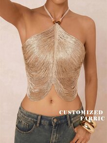 Lumalex Tank Top Wanita Warna Polos dengan Hiasan Bola, Leher Halter, Rumbai Tebal, dan Hem Asimetris Gaya Dudou - Dusty Pink - View 7