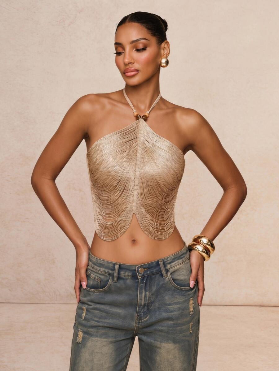 Lumalex Tank Top Wanita Warna Polos dengan Hiasan Bola, Leher Halter, Rumbai Tebal, dan Hem Asimetris Gaya Dudou