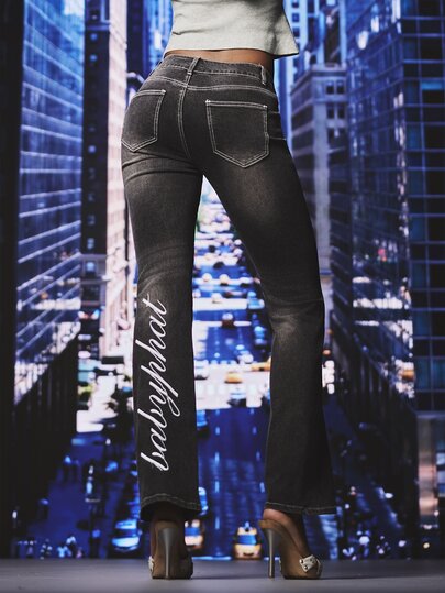 BABYPHAT Katzen-Logo bestickte Low-Waist Schlagjeans mit Kontrastnähten, Retro Y2K Bootcut Denim, Volllänge, Vintage-Stil