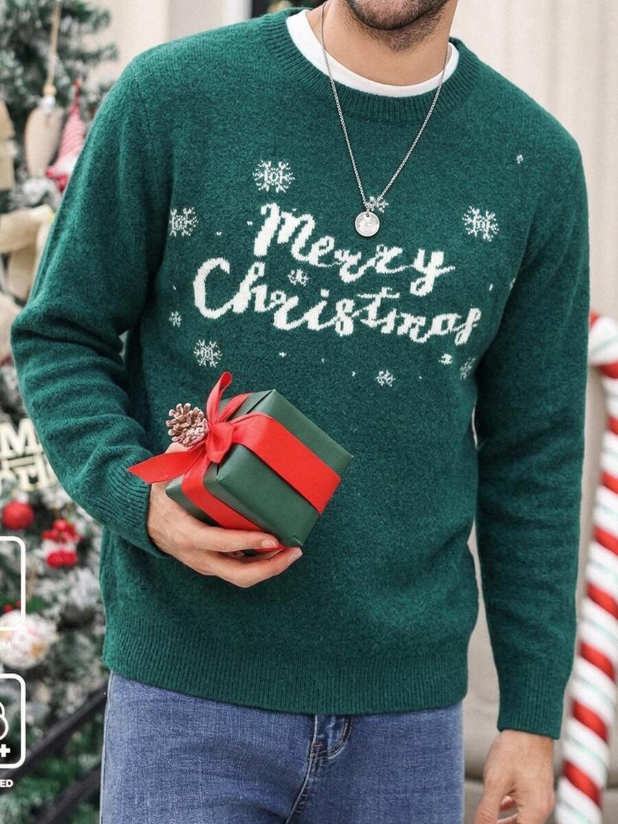 Manfinity Homme Christmas Couple's Set Christmas Family Set Men's Autumn/Winter Pullover Long Sleeve Crew Neck Knit Sweater With Couple Matching Outfit Vacation - Dark Green - View 1
