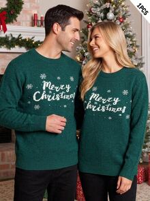 Manfinity Homme Christmas Couple's Set Christmas Family Set Men's Autumn/Winter Pullover Long Sleeve Crew Neck Knit Sweater With Couple Matching Outfit Vacation - Dark Green - View 8