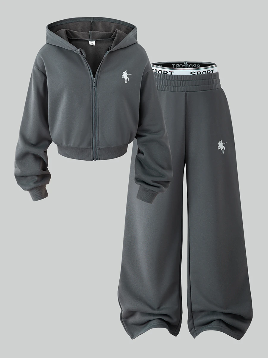 SHEIN Sparklyn Tween Girls Fall Outfits Fall Tops 2pcs/Set Round Neck Dark Grey Casual Athletic Tracksuit Hooded Zip-Up Cropped Sweatshirt Wide-Leg...