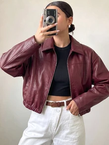 SHEIN Sparklyn 青少年女孩秋季服飾 酒紅色長袖純色PU皮革拉鍊夾克，秋季，休閒街頭風寬鬆，極簡主義，返校，工作 - 紅色 - 查看 4