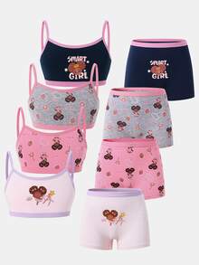 4pcs/Set Young Girl Cute Cartoon Pattern Underwear Set Winter Baby Pink - Multicolor - View 4