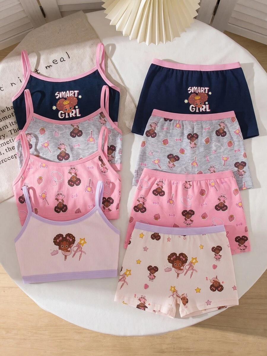4pcs/Set Young Girl Cute Cartoon Pattern Underwear Set Winter Baby Pink