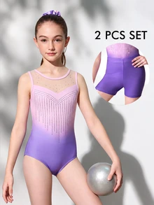 SHEIN Set Baju Senam dan Celana Pendek untuk Anak Perempuan Remaja, Motif Lucu dengan Dekorasi Berlian Imitasi, Cocok untuk Olahraga Atletik, Kompetisi Senam, Tari, Musim Panas, Warna Ungu, Merah Muda, dan Garis-garis Ungu. - MultiWarna - View 2