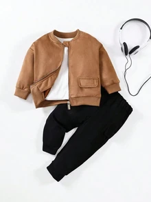 Souflis Souflis Infant/Baby Boys' Fashionable Suede Jacket And Casual Cargo Pants Set, Suitable For Outdoor, Autumn/Winter - Khaki - View 1